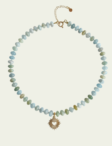 Naszyjnik Aqua Heart w odcieniu błękitno-zielnym, w wersji ze srebra próby 925 oraz pozłacanej 24K złotem (żółte złoto), kamieni akwamarynu i zawieszki serca z promieniami.jpg